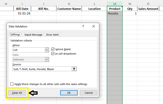 Clear Data Validation in Excel