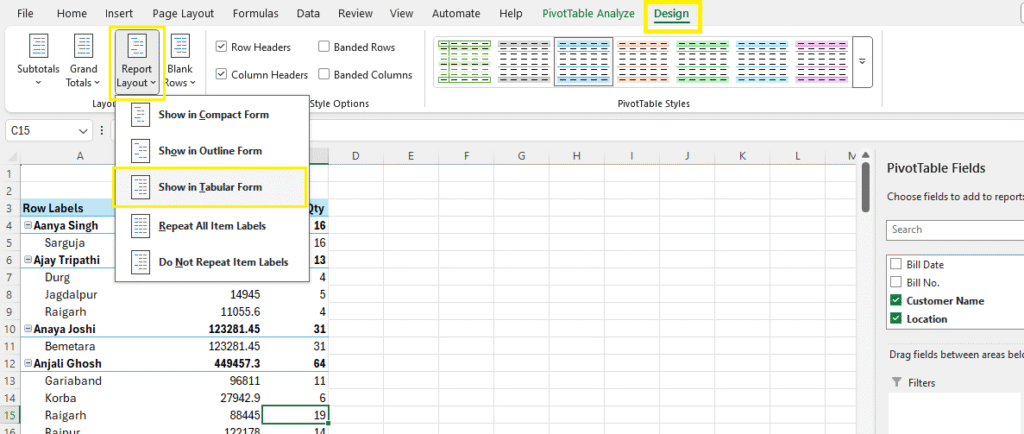 1. Show in Tabular Form Pivot Table