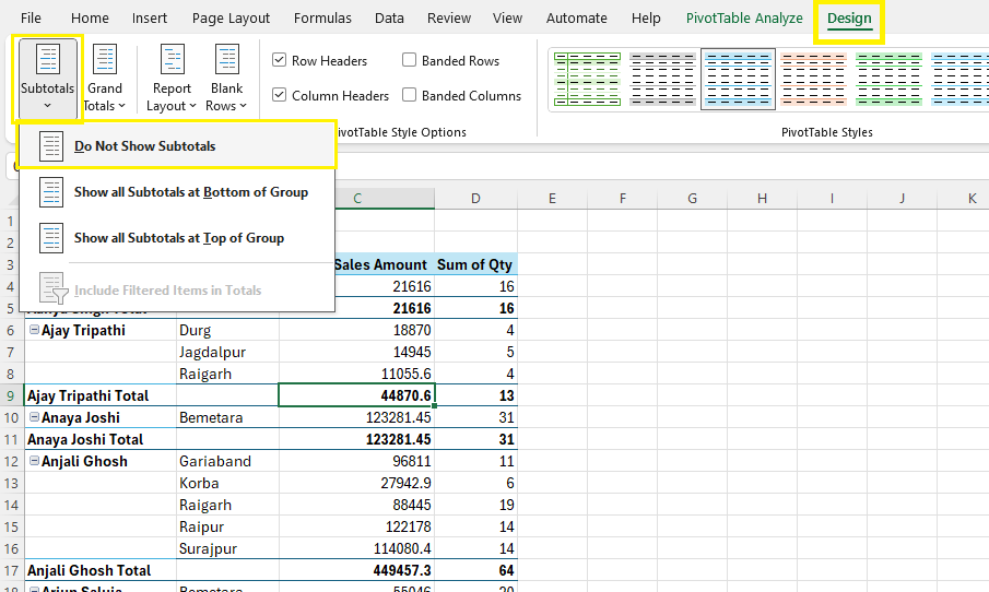 2. Do Not Show Subtotals Pivot Table