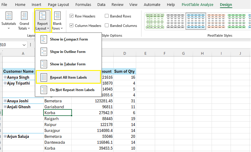 3. Repeat All Item Labels Pivot Table