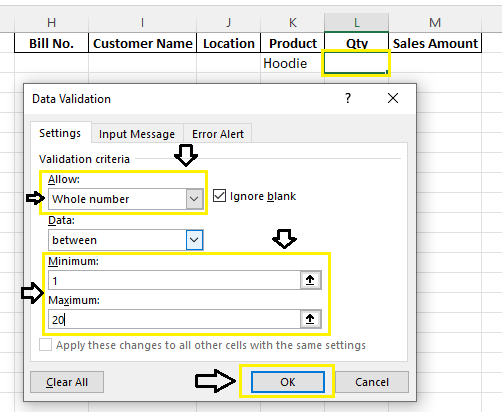 Allow Whole number between 1 to 20 - Data Validation in Excel