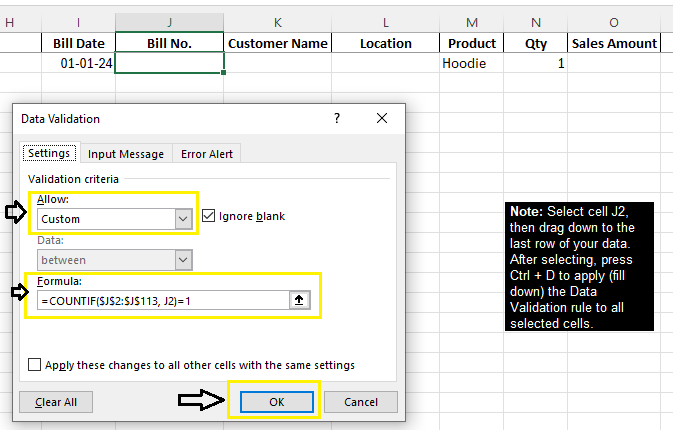 Custom formula in Data Validation in Excel