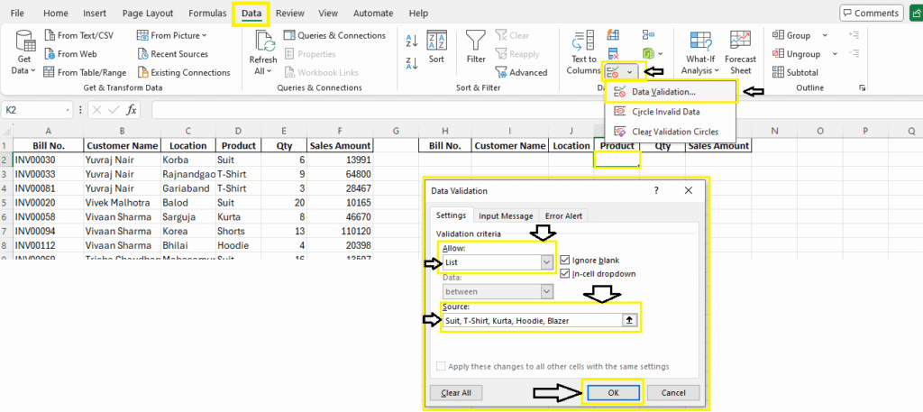Dropdown using Data Validation in Excel