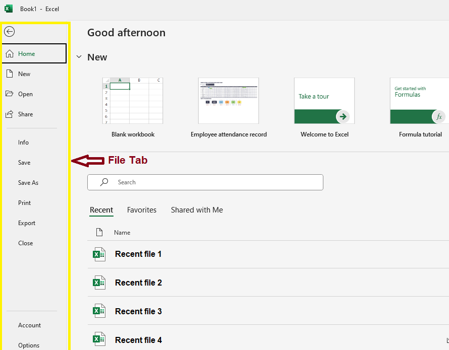File tab Excel Ribbon Tabs