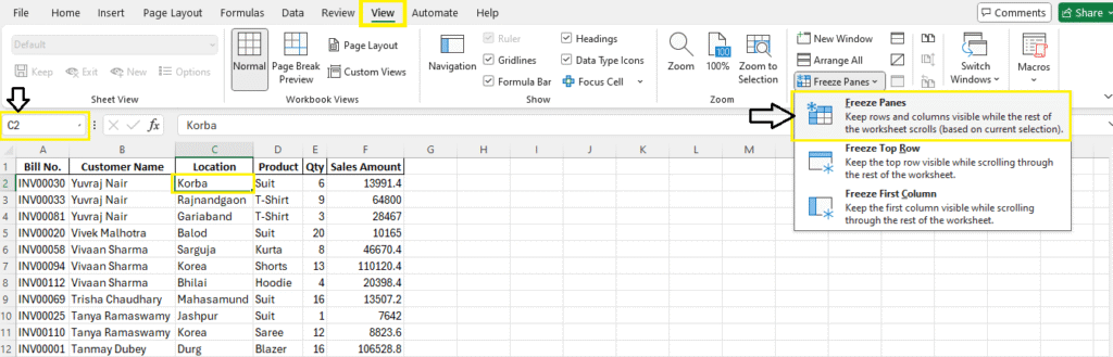 Freeze Rows & Columns based on current selection