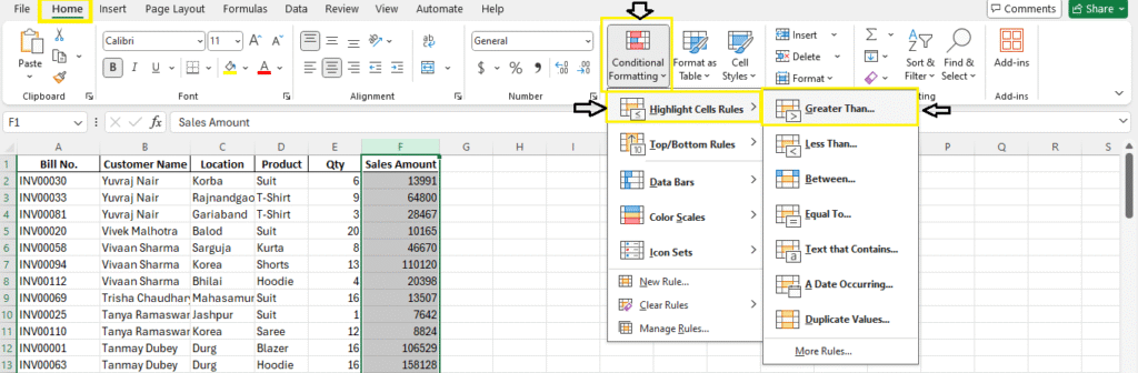 Highlight Cells Greater than - Conditional Formatting in Excel