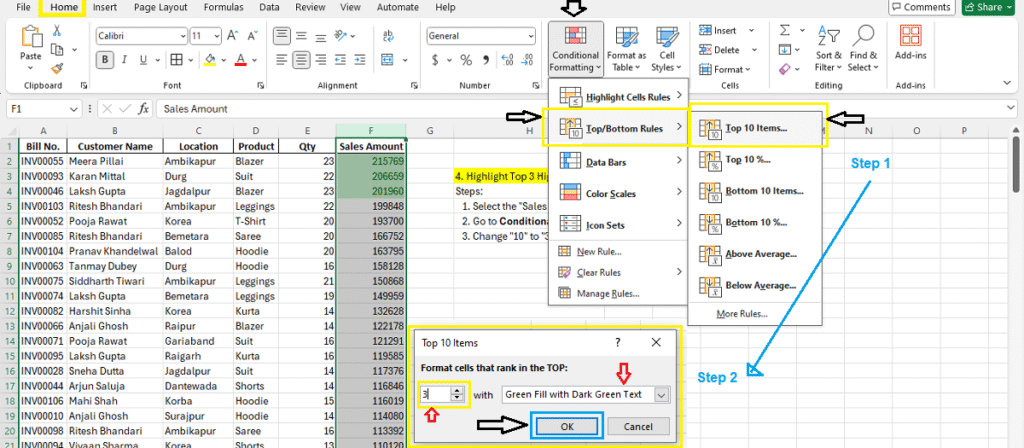 Top Bottom Rules in Conditional Formatting