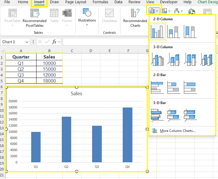 How to add Charts in Excel