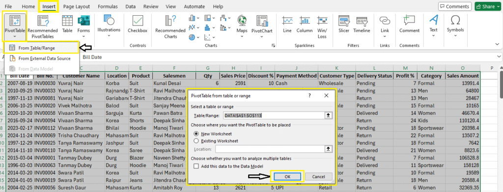 Insert Pivot Table in Excel in a New Worksheet