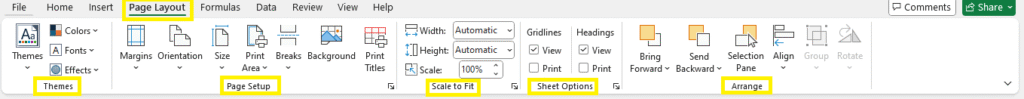 Page Layout Excel Ribbon Tabs