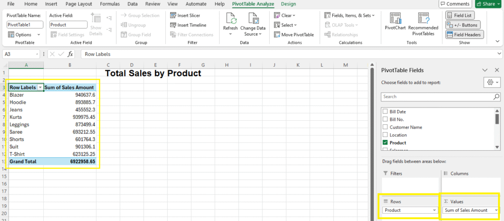 Total Sales by Product using Pivot Table in Excel