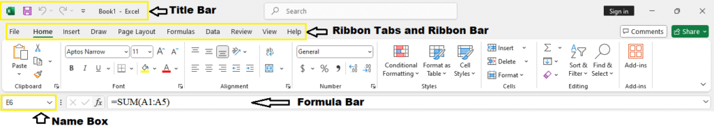 Title Formula Bar Name Box Ribbons Tabs Excel Overview