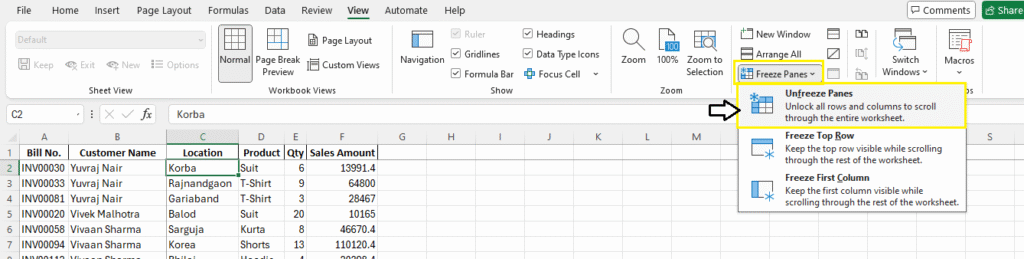 Unfreeze Panes in Excel