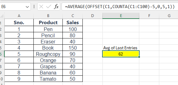 average with offset function in excel