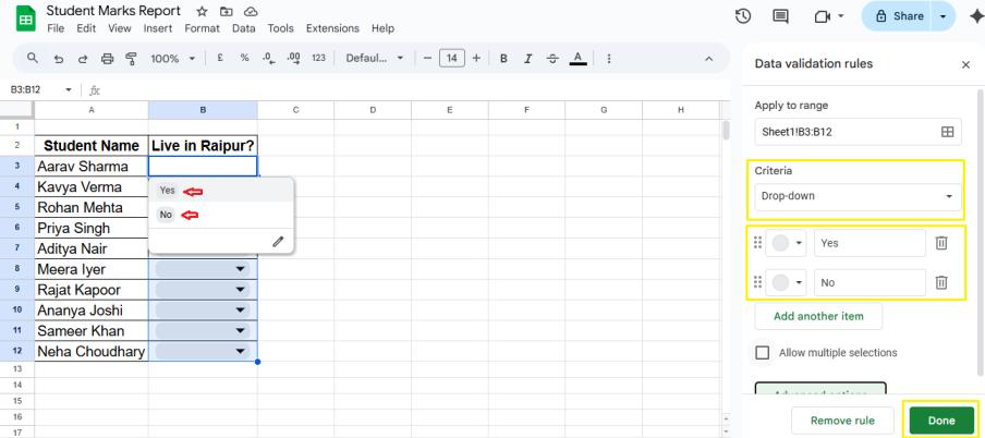 Dropdown List in Google Sheets