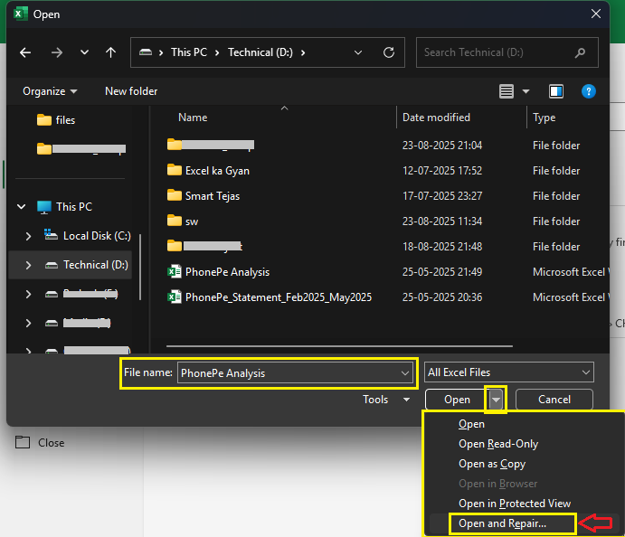 Open and Repair Excel File