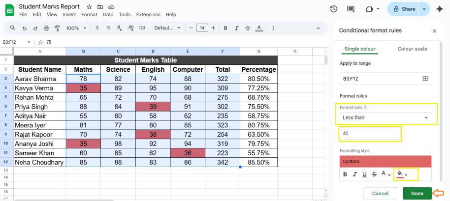 Conditional Formating in Google Sheets