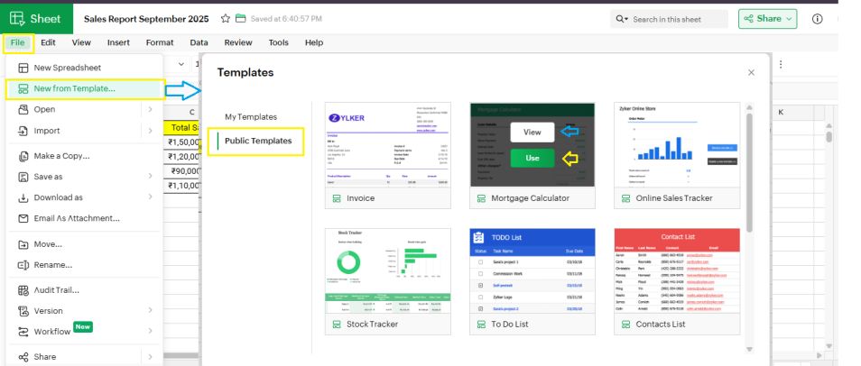 Built-In Templates in Zoho sheets