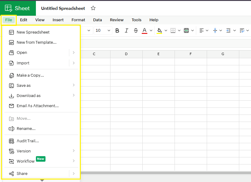 File menu: toolbar in zoho sheets