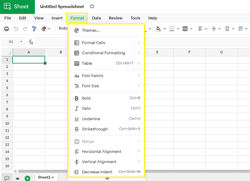 Format menu in zoho sheets