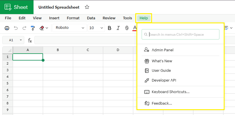Help menu in zoho sheets