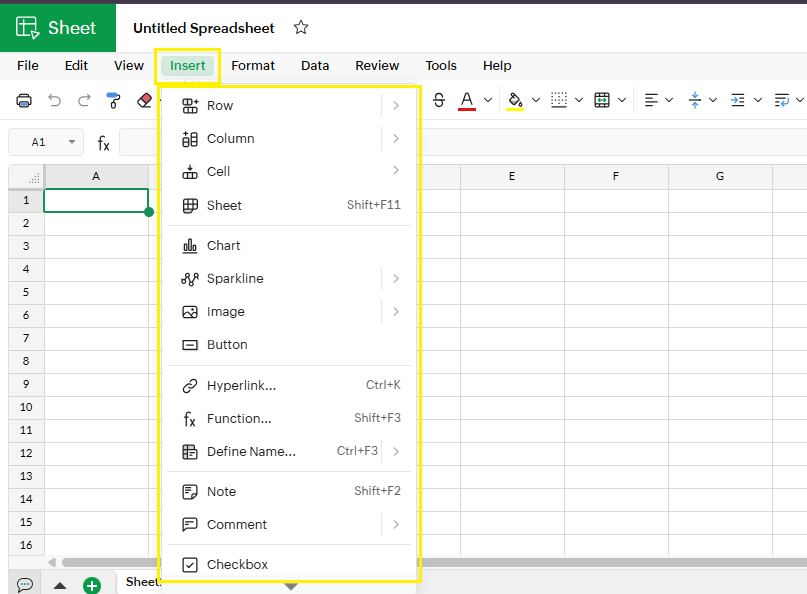 Insert menu in zoho sheets
