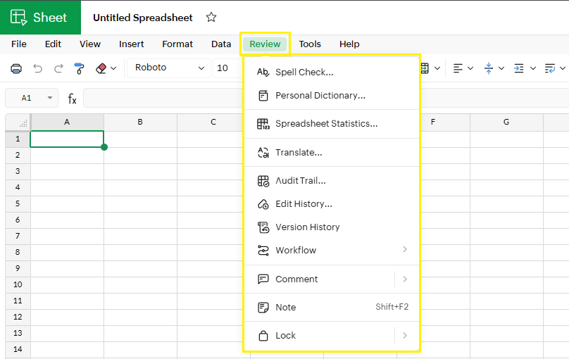 Preview menu in zoho sheets