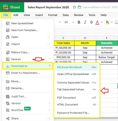 Save, Export and Share Zoho sheets