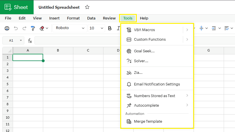 Tools menu in zoho sheets