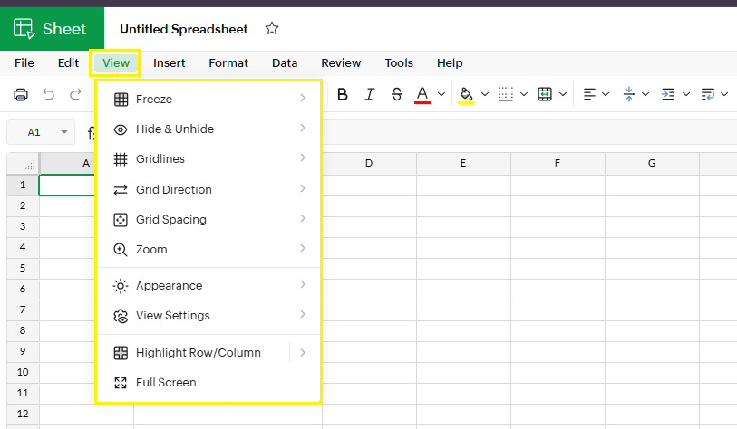 View menu in zoho sheets