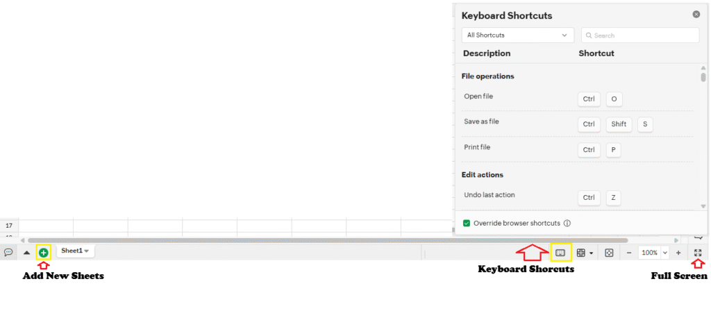 Bottom Menu in Zoho Sheets