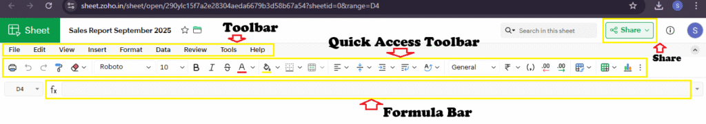 Top menu in zoho sheets